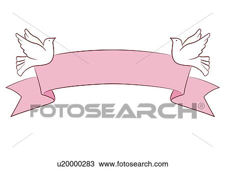 Pink ribbon with two doves, front view View Large Illustration Drawing - Pink ribbon with two doves, front view. Fotosearch