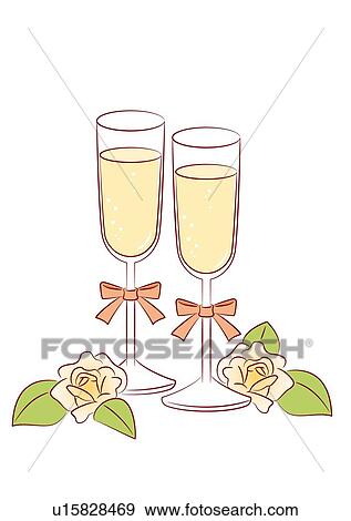 Two Roses And Champagne Glasses Decorated With Ribbons Front View
