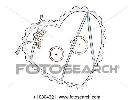 Clip Art - Two wedding bands on heart shaped pillow, high angle view. Fotosearch