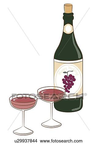 Stock Illustration - Wine bottle and two glasses filled with red wine. Fotosearch