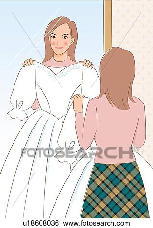 Stock Illustration - Woman holding dress up, looking at reflection in mirror, rear view. Fotosearch