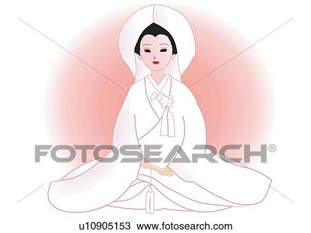 Drawing - Bride sitting in Japanese style clothing, front view, Japan. Fotosearch