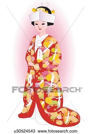 Drawing - Bride standing in Japanese style clothing, front view, Japan. Fotosearch