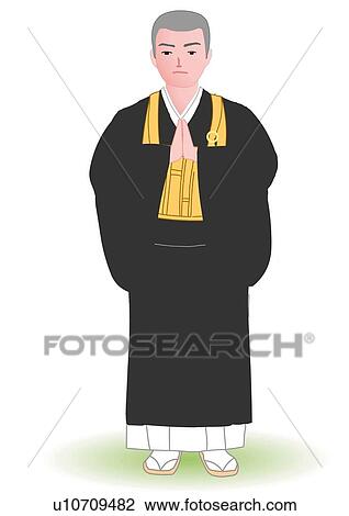 Drawing - Buddhist monk standing and joining hands in black robe, front view, Japan. Fotosearch