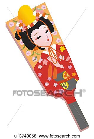 Stock Illustration - Close up of a battledore painted Japanese woman, front view, Japan. Fotosearch