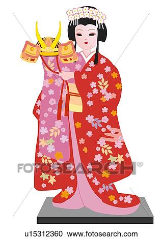 Clipart - Close up of Japanese female doll holding a helmet, front view, Japan. Fotosearch