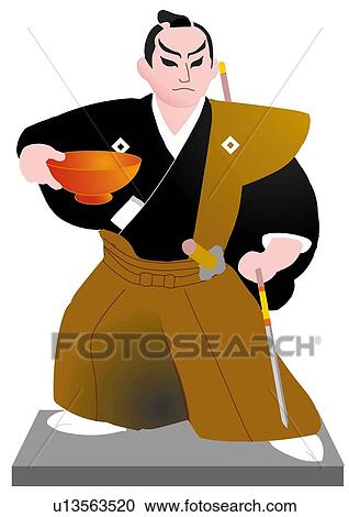 Clipart - Close up of Japanese male doll holding cup and spear, front view, Japan. Fotosearch