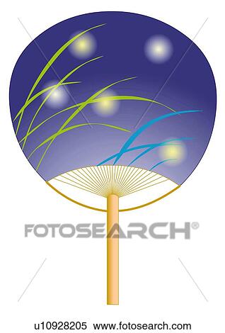 Stock Illustration - Close up of Japanese paper fan painted glow of fireflies, front view. Fotosearch