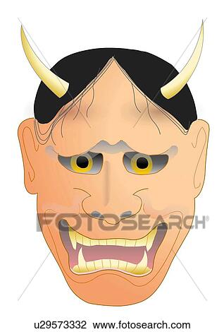 Close up of Noh mask, front view, Japan View Large Illustration Drawing - Close up of Noh mask, front view, Japan. Fotosearch