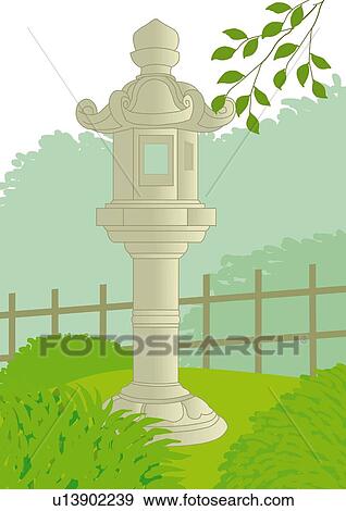 Stock Illustration - Close up of stone lantern, front view, Japan. Fotosearch
