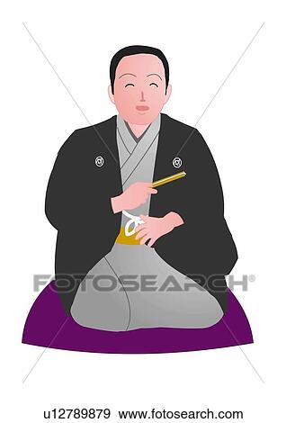 Comedic storyteller holding Japanese folding fan and sitting on cushion, front view, Japan View Large Illustration Stock Illustration - Comedic storyteller holding Japanese folding fan and sitting on cushion, front view, Japan. Fotosearch