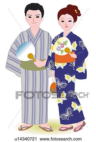 Couple standing side by side and holding paper fans in Japanese style clothing, front view, Japan View Large Illustration Clip Art - Couple standing side by side and holding paper fans in Japanese style clothing, front view, Japan. Fotosearch