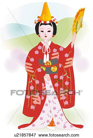 Stock Illustration - Dancing performer in the role of a woman, front view, Dojo Temple, Wakayama Prefecture, Japan. Fotosearch