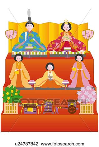 Displays of Japanese dolls on steps, front view, Japan View Large Illustration Drawing - Displays of Japanese dolls on steps, front view, Japan. Fotosearch