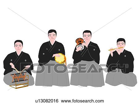 Four men sitting and playing musical instruments in Japanese style clothing, front view, Japan View Large Illustration Stock Illustration - Four men sitting and playing musical instruments in Japanese style clothing, front view, Japan. Fotosearch