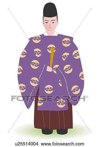 Stock Illustration - Guardian of a shrine standing in Japanese style clothing, front view, Japan. Fotosearch