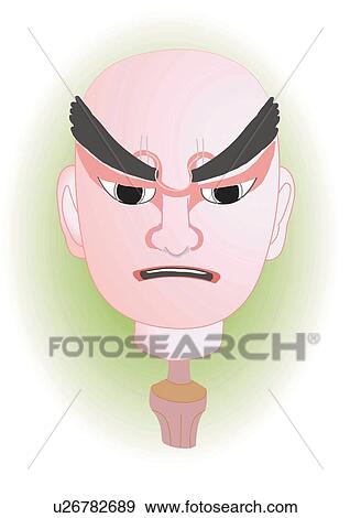 Stock Illustration - Head of male figurine of puppet theater, front view, Japan. Fotosearch