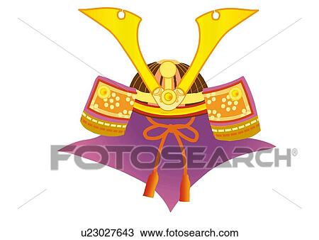 Drawing - Helmet of old Japanese style, close up, Japan. Fotosearch