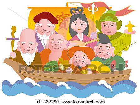 Clipart - Image of Seven Deities of Good Fortune in boat. Fotosearch