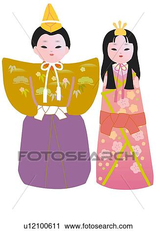 Clip Art - Japanese male and female figurines, front view, Japan. Fotosearch