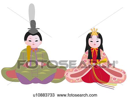 Drawing - Japanese male and female figurines, front view, Japan. Fotosearch