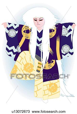 Drawing - Kabuki performer dancing and posing in stage costume, front view, Japan. Fotosearch