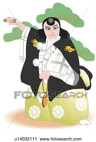 Kabuki performer posing on stage, front view, Japan View Large Illustration Clip Art - Kabuki performer posing on stage, front view, Japan. Fotosearch