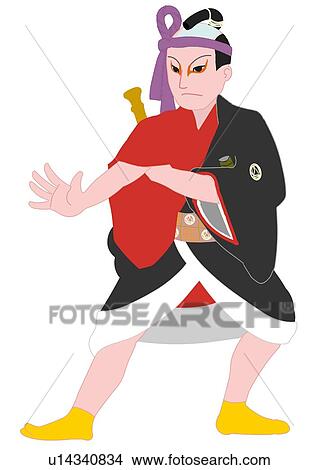 Kabuki performer posing on stage, front view, Japan View Large Illustration Stock Illustration - Kabuki performer posing on stage, front view, Japan. Fotosearch