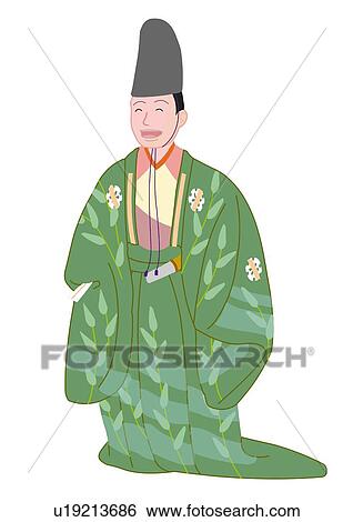 Kyogen performer standing and smiling in Japanese style clothing, front view, Japan View Large Illustration Stock Illustration - Kyogen performer standing and smiling in Japanese style clothing, front view, Japan. Fotosearch
