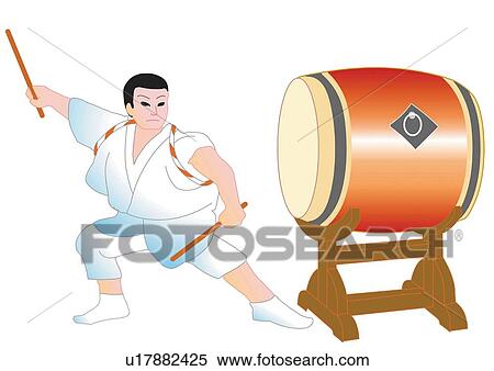 Stock Illustration - Man beating a Japanese double drum, front view, Japan. Fotosearch