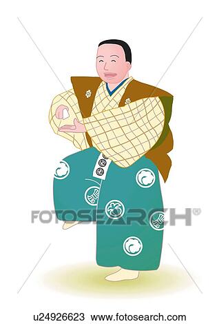 Man performing Kyogen, dancing and smiling in Japanese style clothing, front view, Japan View Large Illustration Drawing - Man performing Kyogen, dancing and smiling in Japanese style clothing, front view, Japan. Fotosearch