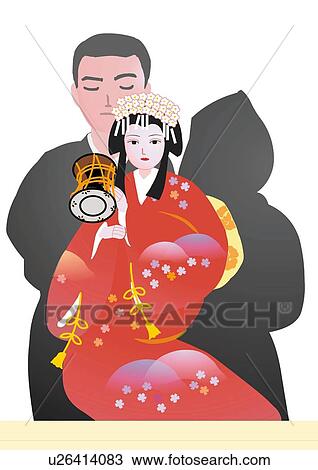 Drawing - Man puppeteering female figurine, front view, Japan. Fotosearch