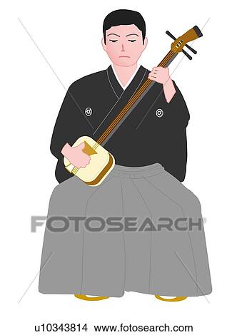 Stock Illustration - Man sitting and playing the shamisen in Japanese style clothing, front view, Aomori prefecture, Japan. Fotosearch