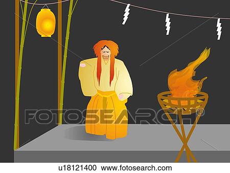 Noh performer dancing and posing on stage, front view, Japan View Large Illustration Clipart - Noh performer dancing and posing on stage, front view, Japan. Fotosearch