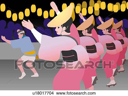 Stock Illustration - People enjoying Japanese dance in festival, side view, Tokushima prefecture, Japan. Fotosearch