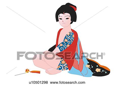 Stock Illustration - Performer in the role of a man who dressed as a woman, showing tattoo on body, front view, Japan. Fotosearch