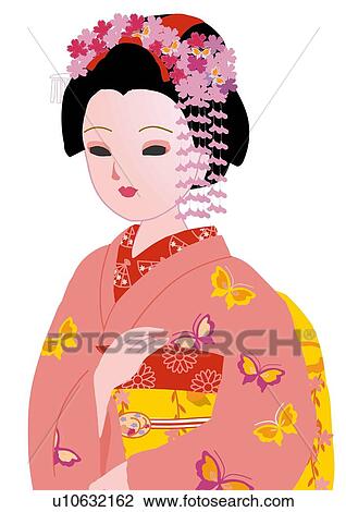 Portrait of woman in Japanese style clothing, Japan View Large Illustration Drawing - Portrait of woman in Japanese style clothing, Japan. Fotosearch
