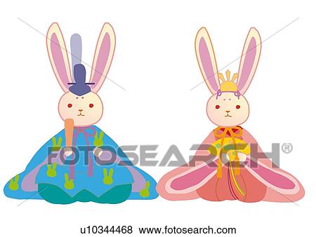 Stock Illustration - Rabbit shaped dolls as prince and princess in Japanese style clothing, front view, Japan. Fotosearch