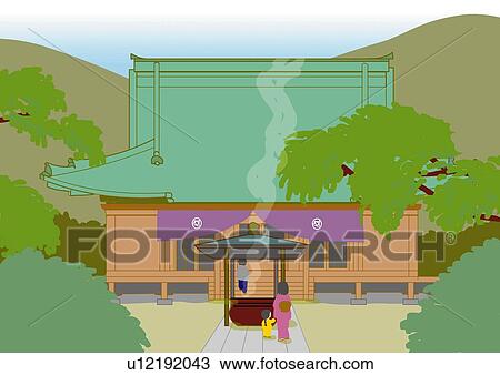Drawing - Temple in mountain, front view, Japan . Fotosearch