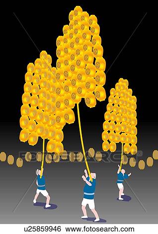 Stock Illustration - Three men lifting up bamboo stick with lots of paper lantern in festival, Akita prefecture, Japan. Fotosearch