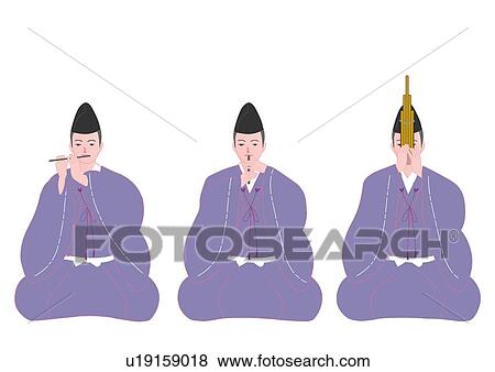 Stock Illustration - Three men sitting and playing Japanese flute in Japanese style clothing, front view, Japan. Fotosearch