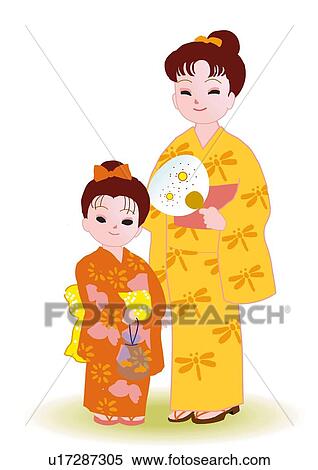 Two girls standing and smiling in Japanese style clothing, front view, Japan View Large Illustration Stock Illustration - Two girls standing and smiling in Japanese style clothing, front view, Japan. Fotosearch