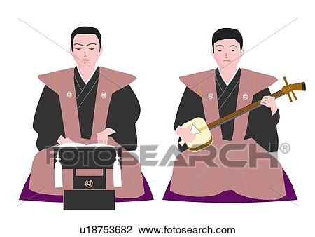 Drawing - Two men sitting in Japanese style clothing, one playing the shamisen, front view, Japan. Fotosearch