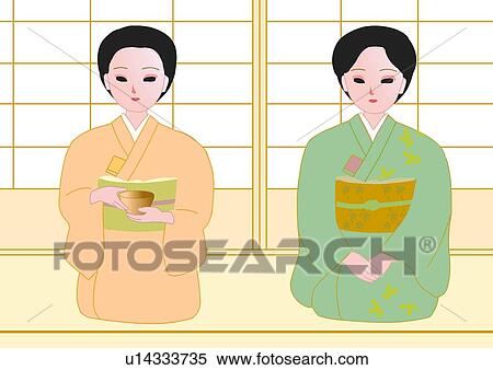 Stock Illustration - Two women attending Japanese tea ceremony, sitting and smiling, front view, Japan. Fotosearch