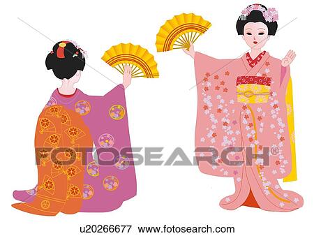 Stock Illustration - Two women dancing with folding fan in Japanese style clothing, Japan. Fotosearch