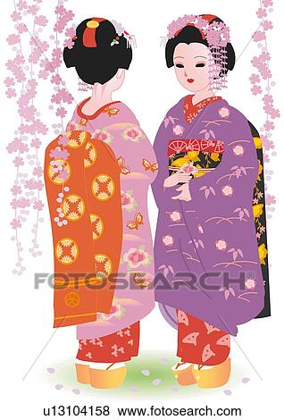 Two women standing and talking in Japanese style clothing, spring, Japan View Large Illustration Stock Illustration - Two women standing and talking in Japanese style clothing, spring, Japan. Fotosearch