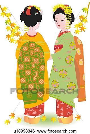 Two women standing and talking in Japanese style clothing, autumn, Japan View Large Illustration Stock Illustration - Two women standing and talking in Japanese style clothing, autumn, Japan. Fotosearch