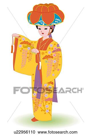 Woman dancing in costume of southern land style of Japan, Okinawa, Japan View Large Illustration Clipart - Woman dancing in costume of southern land style of Japan, Okinawa, Japan. Fotosearch