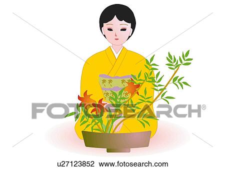 Drawing - Woman sitting and enjoying Japanese flower arrangement in Japanese style clothing, front view, Japan. Fotosearch