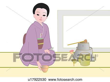 Woman sitting and enjoying Japanese tea ceremony in Japanese style clothing, Japan View Large Illustration Clipart - Woman sitting and enjoying Japanese tea ceremony in Japanese style clothing, Japan. Fotosearch